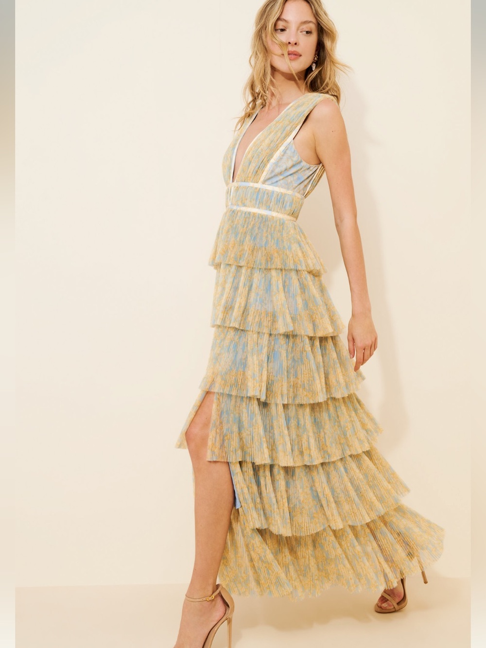 Hutch Blue and Yellow Tiered V-Neck Maxi Dress